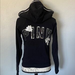 PINK Victoria's Secret Women’s Rare Sequin Floral Black Hoodie Dog Logo Small